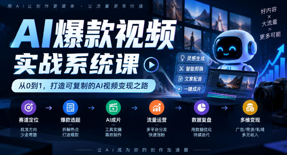 AI爆款视频实战系统课｜赛道定位、爆款选题、AI成片、流量运营、数据复盘、多维变现全链路教学-摇钱树