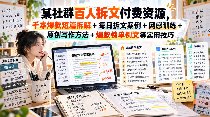 (无水印)某社群百人拆文付费资源,千本爆款短篇拆解+每日拆文案例+网感训练+原创写作方法+爆款榜单例文等实用技巧(更新1009)-摇钱树