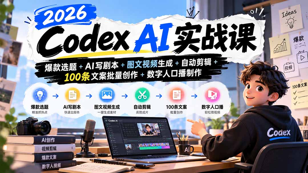 2026Codex AI实战课:爆款选题+AI写剧本+图文视频生成+自动剪辑+100条文案批量创作+数字人口播制作-子比同步系统测试站