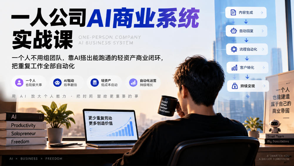 一人公司AI商业系统实战课,一个人不用组团队,靠AI搭出能跑通的轻资产商业闭环,把重复工作全部自动化-子比同步系统测试站