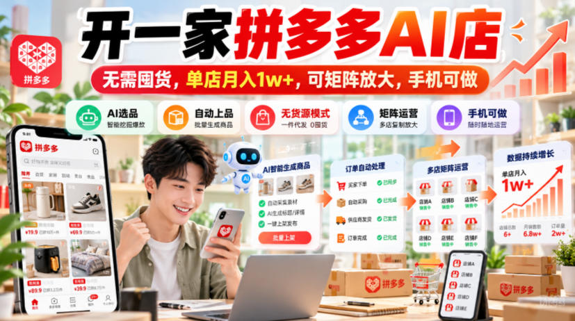 开一家拼多多AI店，无需囤货，单店月入1w+，可矩阵放大，手机可做【揭秘】-子比同步系统测试站