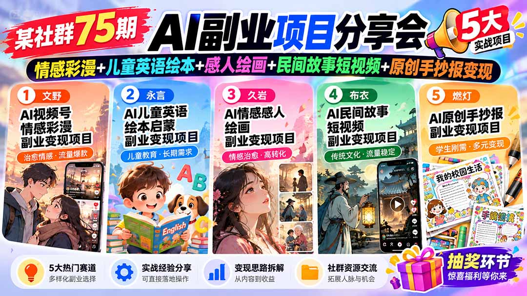 某社群75期AI副业项目分享会：情感彩漫+儿童英语绘本+感人绘画+民间故事短视频+原创手抄报变现-子比同步系统测试站