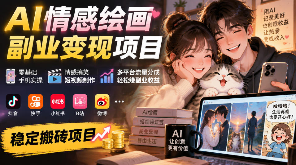 AI情感绘画副业变现项目|零基础手机实操,情感搞笑短视频制作,多平台流量分成轻松賺副业收益-子比同步系统测试站