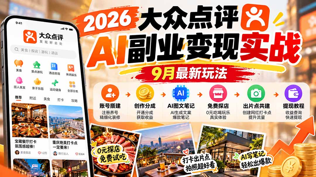 2026大众点评AI副业变现实战9月最新玩法：账号搭建+创作分成+AI图文笔记+免费探店+出片点共建与提现教程-子比同步系统测试站