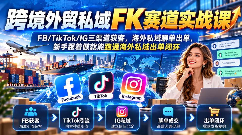 跨境外贸私域FK赛道实战课｜FB/TikTok/IG三渠道获客，海外私域聊单出单，新手跟着做就能跑通海外私域出单闭环-子比同步系统测试站
