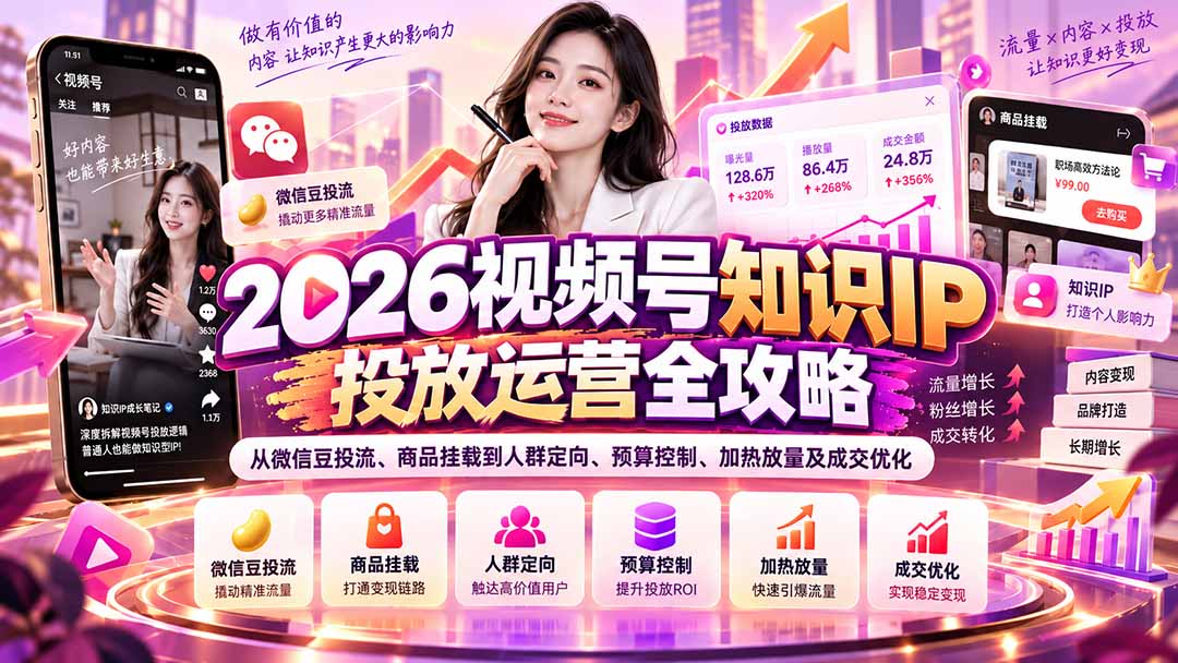2026视频号知识IP投放运营全攻略：从微信豆投流、商品挂载到人群定向、预算控制、加热放量及成交优化-子比同步系统测试站