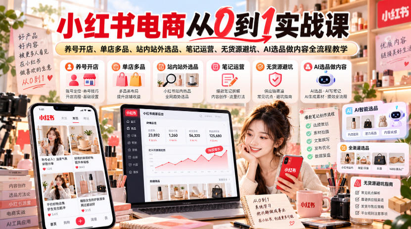 小红书电商从0到1实战课｜养号开店、单店多品、站内站外选品、笔记运营、无货源避坑、AI选品做内容全流程教学-子比同步系统测试站