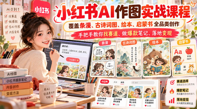 小红书AI作图实战课程，覆盖条漫、古诗词图、绘本、启蒙书全品类创作，手把手教你找赛道、做爆款笔记、落地变现(更新1009)-子比同步系统测试站
