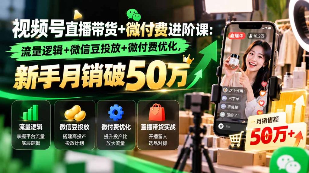 视频号直播带货+微付费进阶课-更新1010：流量逻辑+微信豆投放+微付费优化，新手月销破50万-子比同步系统测试站