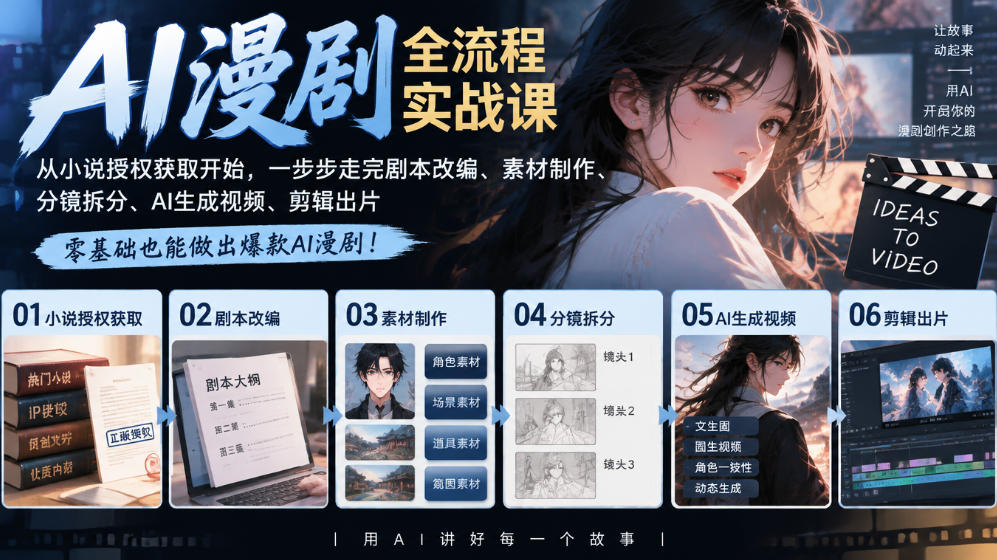 AI漫剧全流程实战课｜从小说授权获取开始，一步步走完剧本改编、素材制作、分镜拆分、AI生成视频、剪辑出片全流程-摇钱树