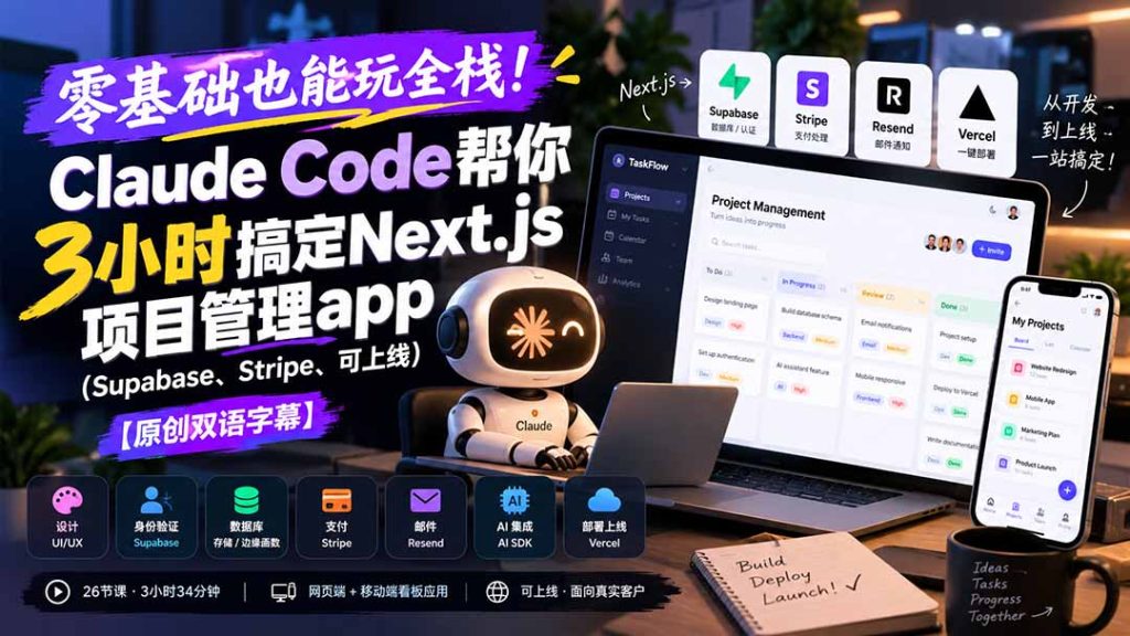 零基础也能玩全栈！Claude Code帮你3小时搞定Next.js项目管理app(Supabase、Stripe、可上线-子比同步系统测试站