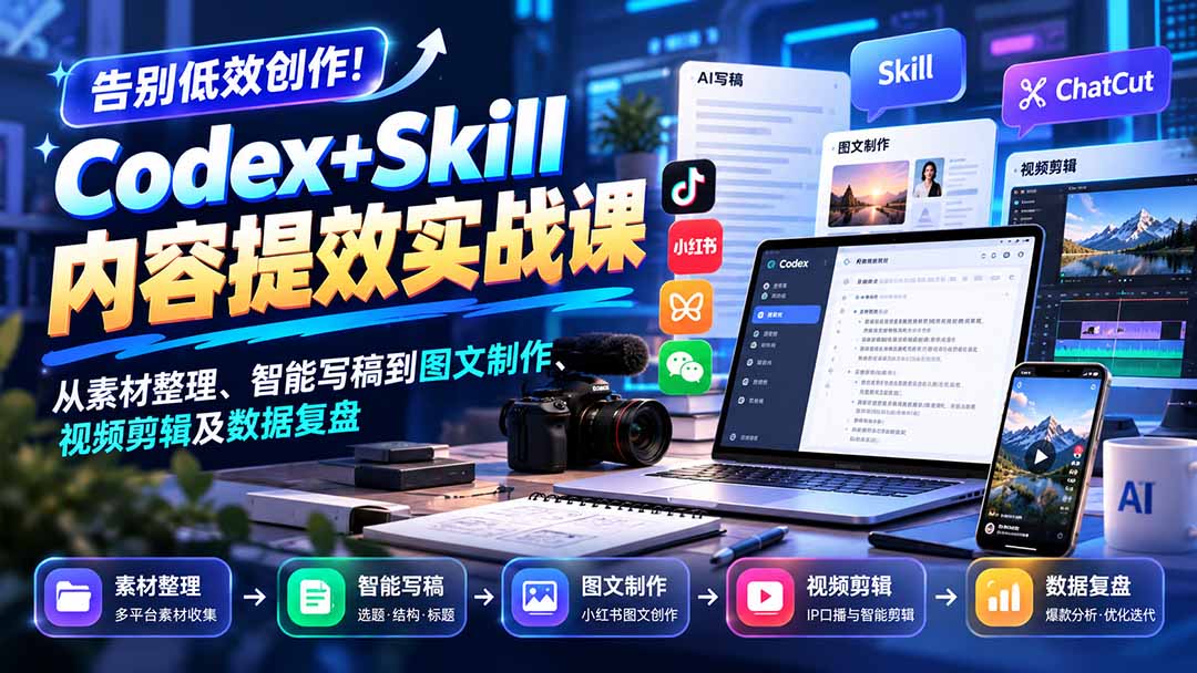 【无水印】告别低效创作！Codex+Skill内容提效实战课：从素材整理、智能写稿到图文制作、视频剪辑及数据复盘-子比同步系统测试站