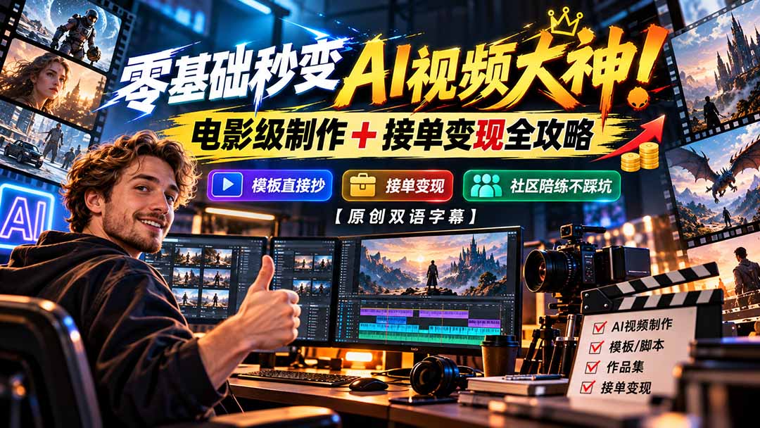 零基础秒变AI视频大神!电影级制作 + 接单变现全攻略,模板直接抄,社区陪练不踩坑【原创双语字幕】-子比同步系统测试站