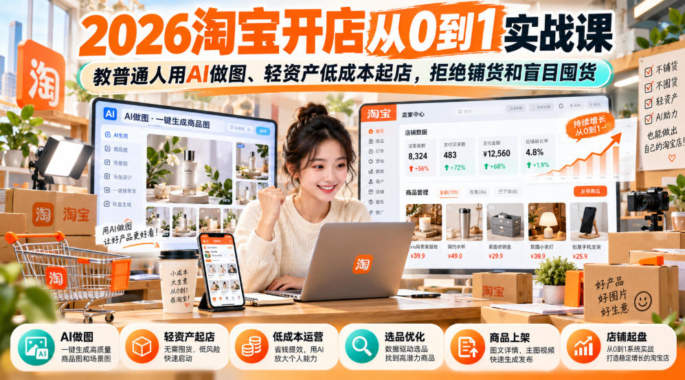 2026淘宝开店从0到1实战课，教普通人用AI做图、轻资产低成本起店，拒绝铺货和盲目囤货-子比同步系统测试站
