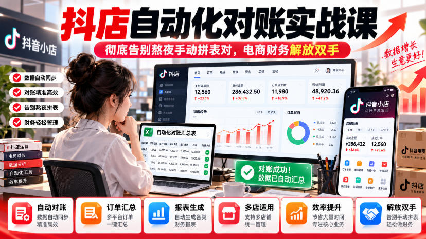 抖店自动化对账实战课，彻底告别熬夜手动拼表对，账电商财务解放双手-子比同步系统测试站