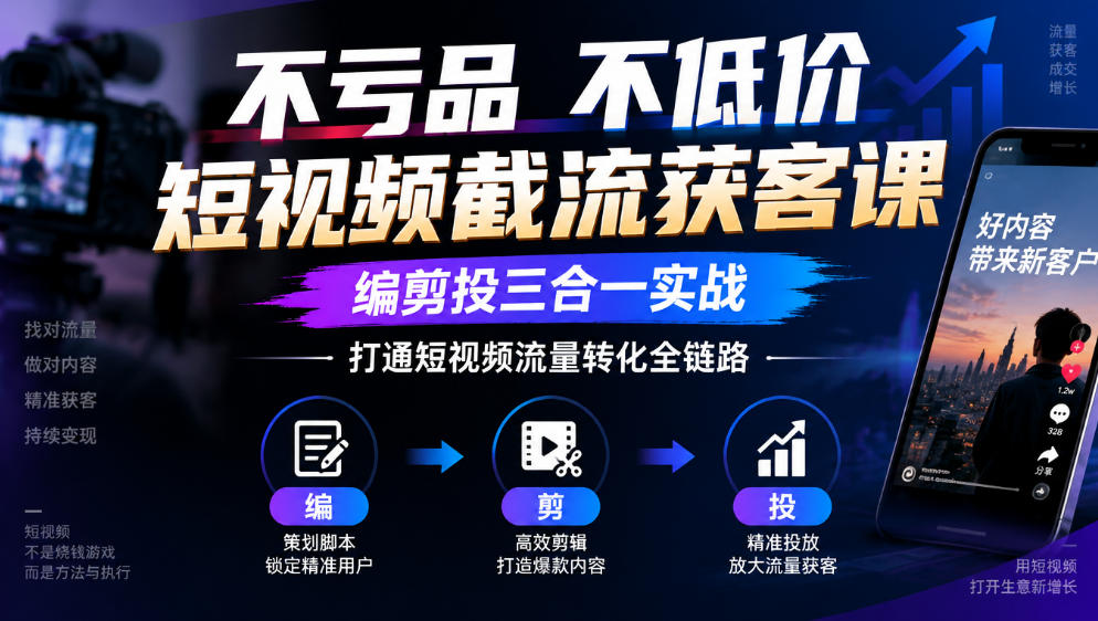 不亏品不低价短视频截流获客课，编剪投三合一实战，打通短视频流量转化全链路-子比同步系统测试站