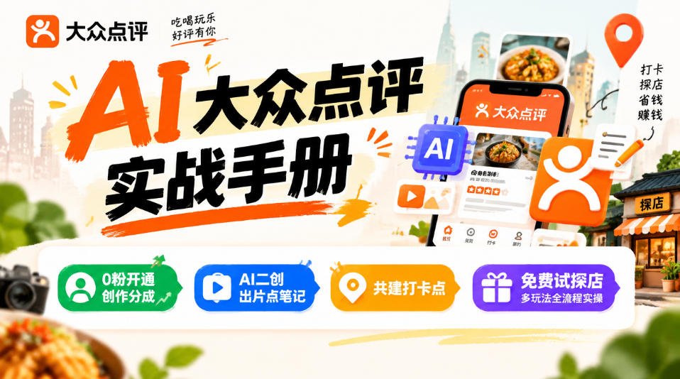 某局的AI大众点评实战手册，0粉开通创作分成、AI二创出片点笔记、共建打卡点、免费试探店多玩法全流程实操-子比同步系统测试站