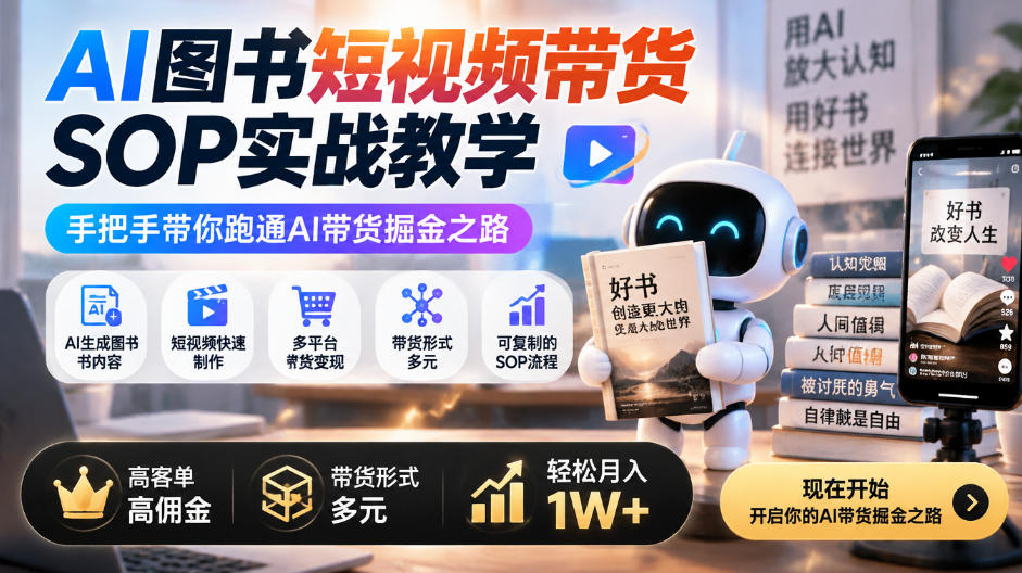 AI图书短视频带货SOP实战教学，手把手带你跑通AI带货掘金之路，高客单高佣金，带货形式多元，轻松月入1W+-子比同步系统测试站