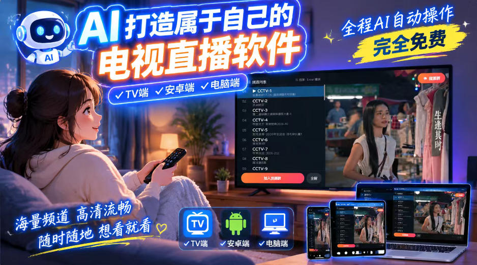 一个提示词，AI全自动做出电视直播软件，电脑、安卓、电视三端通用，完全免费，画质流畅不卡顿-子比同步系统测试站