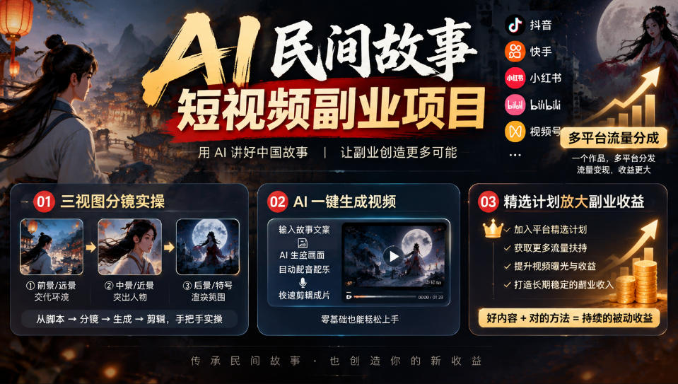 AI民间故事短视频副业项目,多平台流量分成,三视图分镜实操,精选计划放大副业收益-子比同步系统测试站