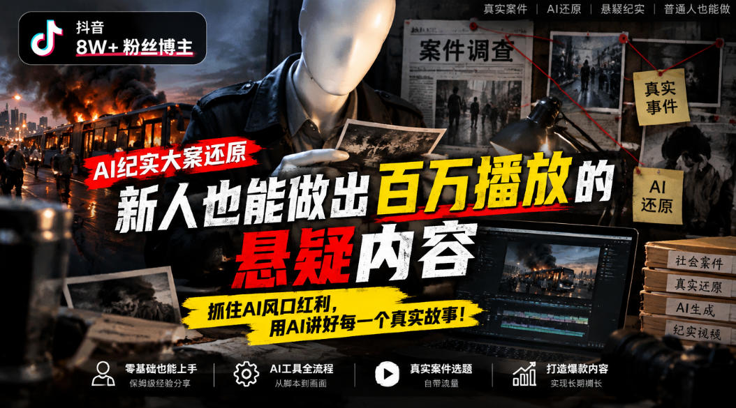 抖音8W粉丝博主的AI纪实大案还原教学，新人也能做出百W播放的悬疑内容，抓住AI风口红利，用AI讲好每一个真实故事-摇钱树