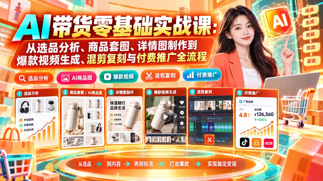 AI带货零基础实战课:从选品分析、商品套图、详情图制作到爆款视频生成、混剪复刻与付费推广全流程-摇钱树