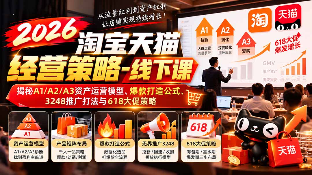 2026淘宝天猫经营策略-线下课:揭秘A1/A2/A3资产运营模型、爆款打造公式、3248推广打法与618大促策略-子比同步系统测试站