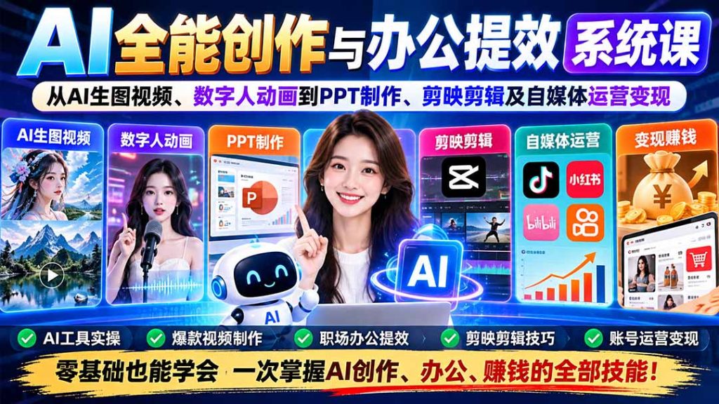 AI全能创作与办公提效系统课：从AI生图视频、数字人动画到PPT制作、剪映剪辑及自媒体运营变现-子比同步系统测试站