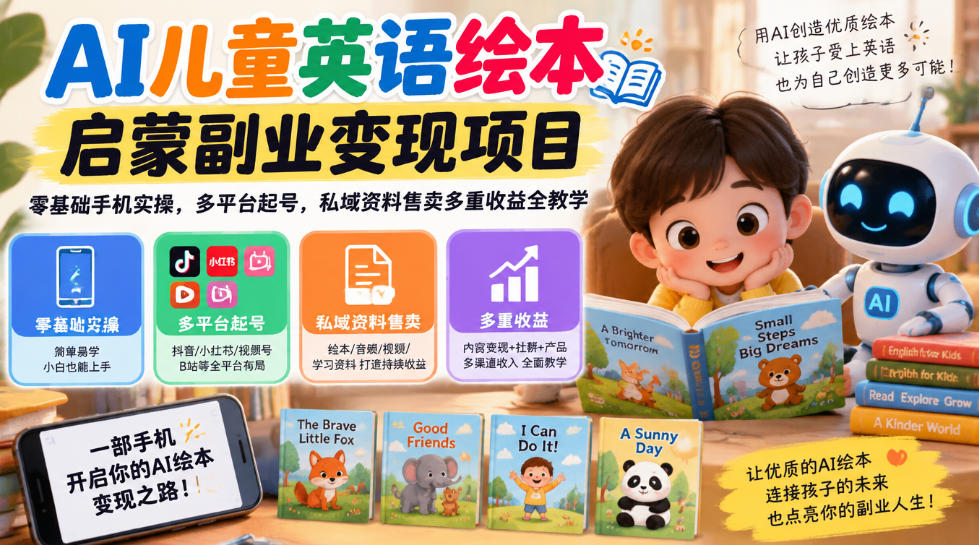 AI儿童英语绘本启蒙副业变现项目,零基础手机实操,多平台起号,私域资料售卖多重收益全教学-子比同步系统测试站