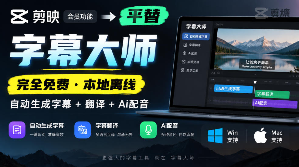 剪映会员功能平替,字幕大师完全免费本地离线,支持自动生成字幕+翻译+Ai配音,Win和Mac都支持!-子比同步系统测试站