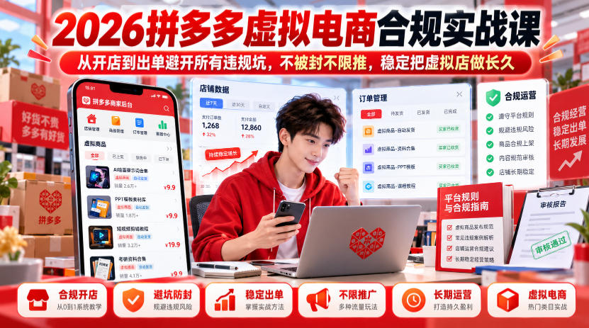 2026拼多多虚拟电商合规实战课,从开店到出单避开所有违规坑,不被封不限推,稳定把虚拟店做长久-子比同步系统测试站