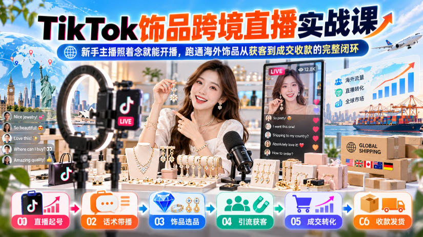 TikTok饰品跨境直播实战课,新手主播照着念就能开播,跑通海外饰品从获客到成交收款的完整闭环-子比同步系统测试站