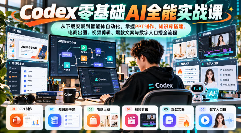 Codex零基础AI全能实战课:从下载安装到智能体自动化,掌握知识库搭建、电商出图、视频剪辑、爆款文案与数字人口播全流程-子比同步系统测试站