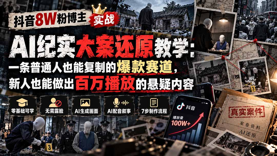 抖音8W粉博主AI纪实大案还原教学：一条普通人也能复制的爆款赛道，新人也能做出百万播放的悬疑内容-摇钱树
