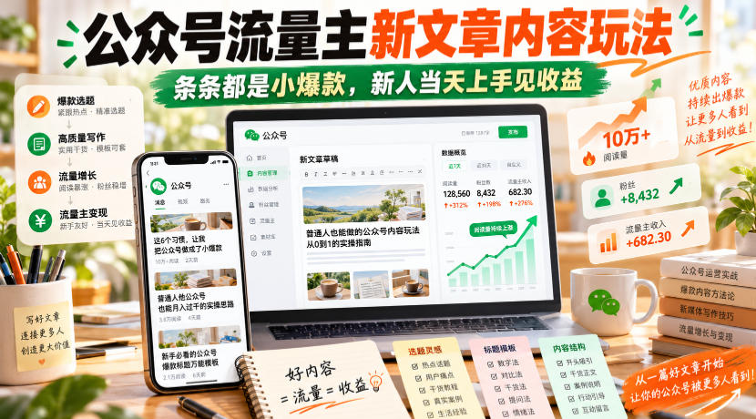 公众号流量主新文章内容玩法，条条都是小爆款，新人当天上手见收益-子比同步系统测试站