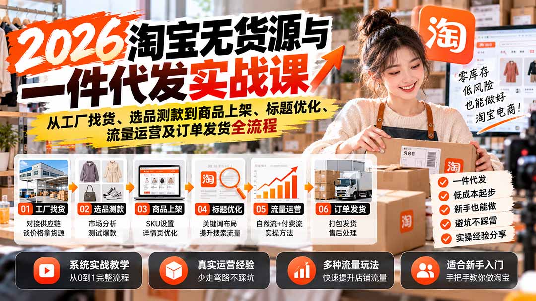 2026淘宝无货源与一件代发实战课：从工厂找货、选品测款到商品上架、标题优化、流量运营及订单发货全流程-子比同步系统测试站