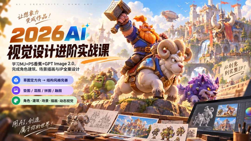 2026AI视觉设计进阶实战课-更新1007：学习MJ+PS香蕉+GPT Image 2.0，完成角色建筑、场景插画与IP全案设计-摇钱树